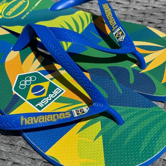 Havaianas Brazil Olympic Team Floral Flip Flop Slipper Blue Green Womens Size 13 - Picture 5 of 9